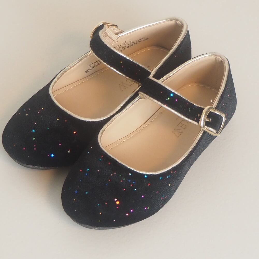 J.Crew Crewcuts Black Velvet Sparkle Mary Janes Girls Sz 8 Flats Party Shoes